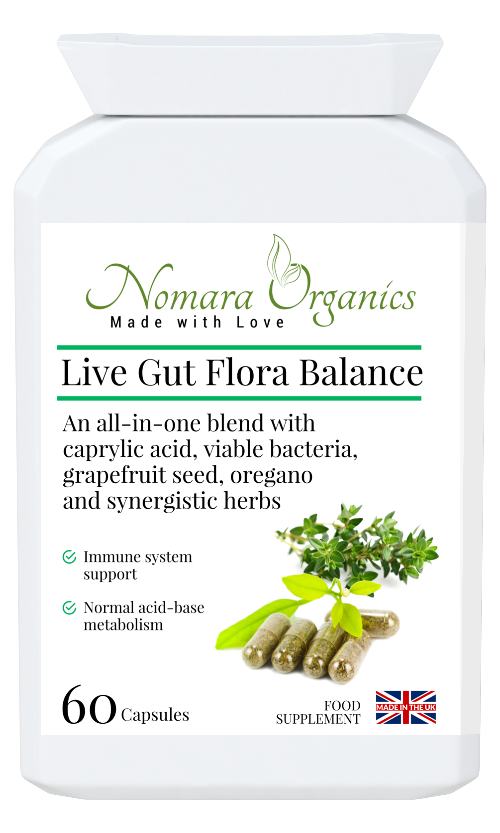 Nomara Organics Live Gut Flora Balance.  60 Capsules, strength of 100 million active cultures per capsule. For a healthy gut, balanced gut flora and strong immunity.
