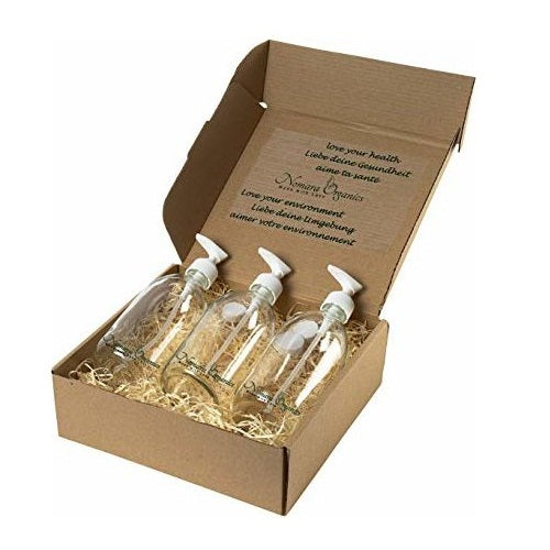 Countertop Glass Soap Dispensers 3 x 500ml Clear by Nomara Organics®. Boxed, BPA-free Lockable pumps, Reusable & perfect for a Gift, Lotion, Handwash, Face wash, Body Oils & Serums, Homemade products