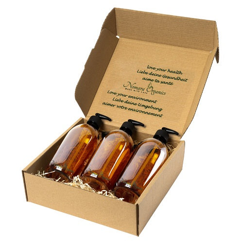 Nomara Organics Soap Dispensers set, 3 x 500ml Amber Glass. BPA-free lockable pumps, caps, Eco-friendly, Reusable. Perfect for a gift, Kitchen, Bathroom, Organic Hand-wash, Sanitizer dispenser, Cleaning, Face-wash