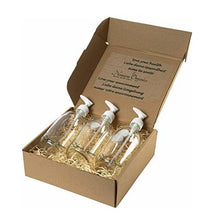 Load image into Gallery viewer, 3 pcs Clear Glass Travel Soap Dispensers 300ml by Nomara Organics®. Boxed set, nestled on straw, fitted with BPA-free Lockable pumps +3 Polycone Non-leak caps. Eco-friendly, Reusable, perfect for a Gift, Handwash, Lotion, Shampoo
