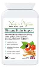 Load image into Gallery viewer, Nomara Organics Gingseng Brain Support. Highly Bioavailab supplement for optimal mental performance, energy and alertness. 60 capsules.

