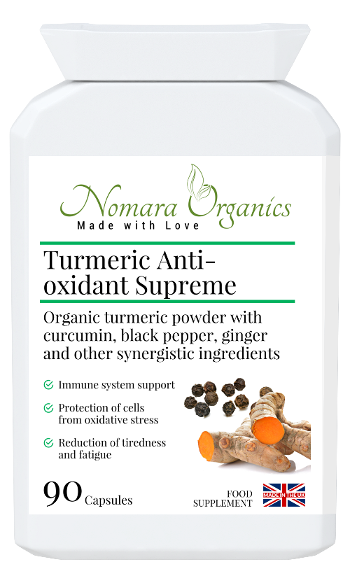 Nomara Organics Turmeric Anti-Oxidant Supreme 90 capsules. Pure  organic turmeric with curcumin, black pepper & ginger. Supports immunity, energy & cognitive function.