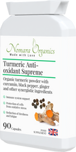 Load image into Gallery viewer, Nomara Organics Turmeric Anti-Oxidant Supreme 90 capsules. Pure  organic turmeric with curcumin, black pepper &amp; ginger. Supports immunity, energy &amp; cognitive function.
