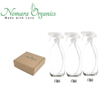Load image into Gallery viewer, Nomara Organics® Clear Glass Spray Bottles 3 x300ml. Boxed, on straw. 3 spare caps, Eco-friendly, Re-usable, perfect for a Gift, Organic products, Hair care, Cleaning, Aromatherapy, Pet care, Arts &amp; Crafts, DIY
