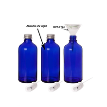 Load image into Gallery viewer, Premium 100ml Glass Leak Proof Atomizer Spray Bottles by Nomara Organics - Pack of 3 in Cobalt Blue Glass with Atomiser Sprays + BPA- Free Transfer Funnel &amp; 2 x Leak proof Silver Caps.
