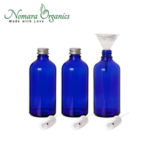Load image into Gallery viewer, Premium 100ml Glass Leak Proof Atomizer Spray Bottles by Nomara Organics - Pack of 3 in Cobalt Blue Glass with Atomiser Sprays + BPA- Free Transfer Funnel &amp; 2 x Leak proof Silver Caps.
