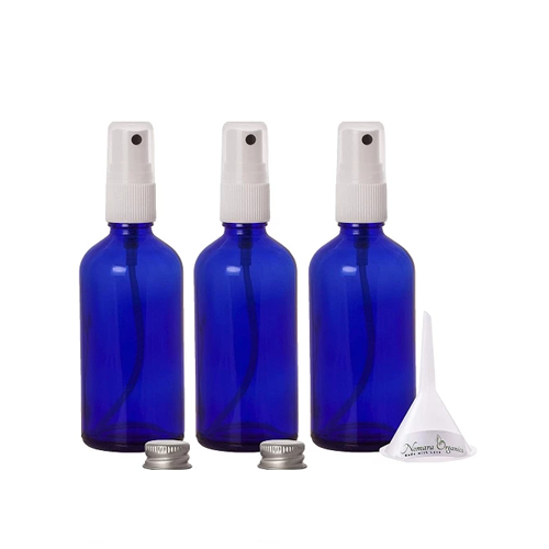 Premium 100ml Glass Leak Proof Atomizer Spray Bottles by Nomara Organics - Pack of 3 in Cobalt Blue Glass with Atomiser Sprays + BPA- Free Transfer Funnel & 2 x Leak proof Silver Caps.